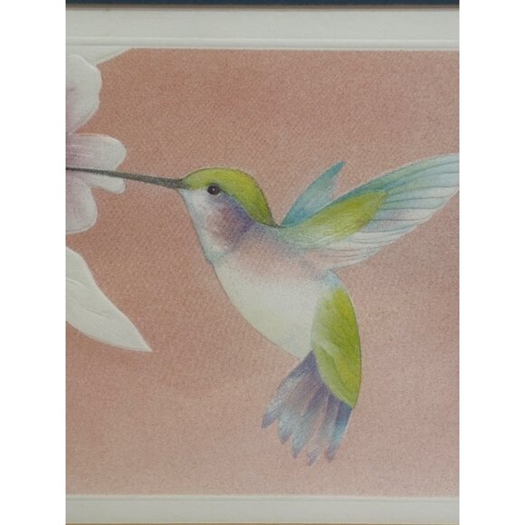 Framed Hummingbird & Flowers Print Artwork Embossed paper In Gold Wooden Frame 1 - Picture 9 of 12